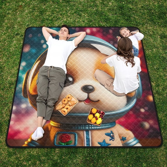 Space Dog Beach Blanket Outdoor Picnic Blanket 78"x 78" Waterproof Foldable for Beach Camping Travel Hiking Grass Lawn Park