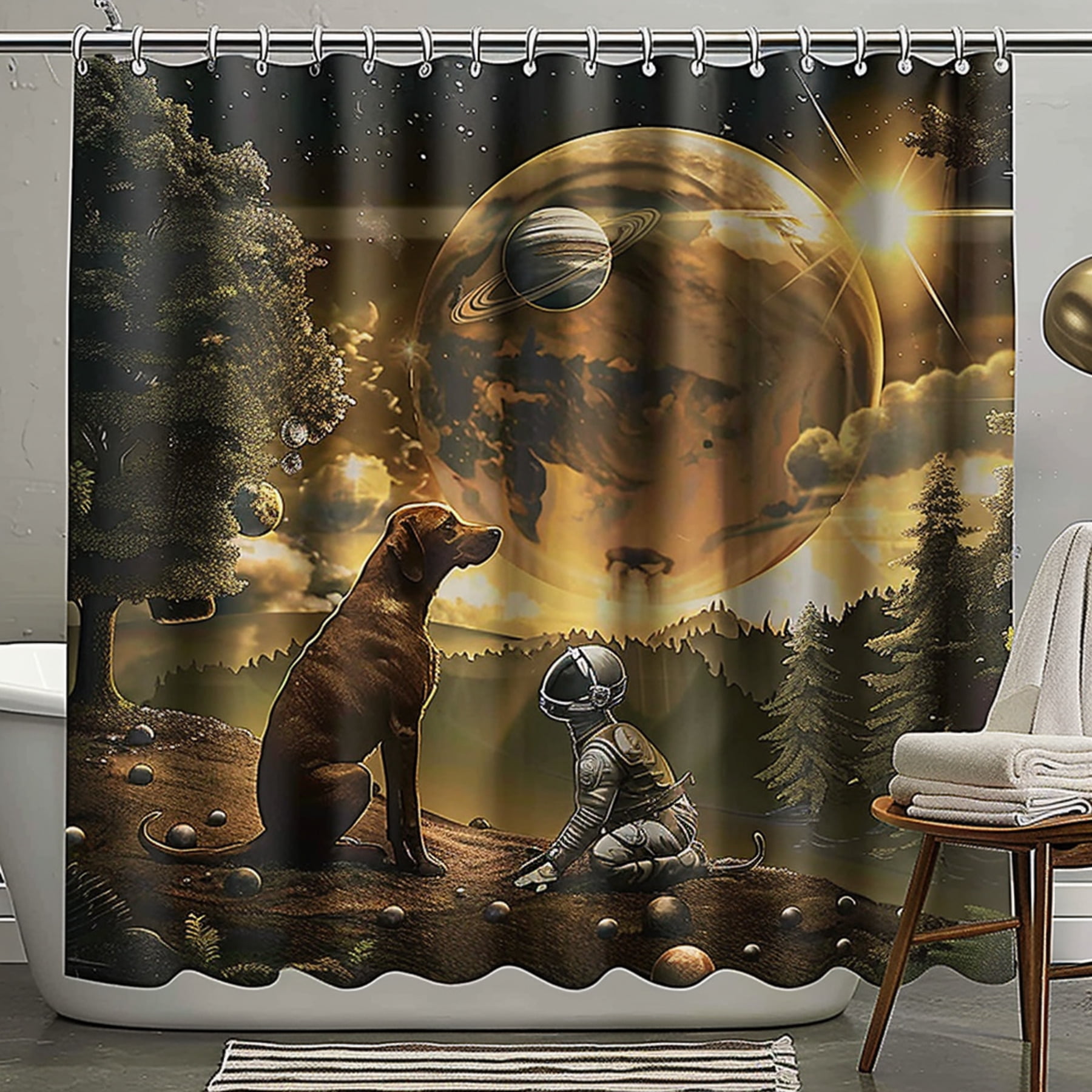 Space Dog and Moon Forest Shower Curtain Planet Earth Night Sky Stars ...