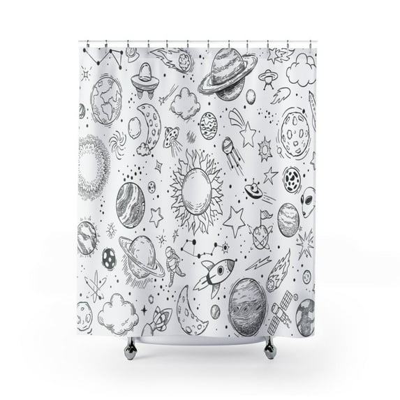 Space Doodle Illustration Premium 71"x74" Waterproof Shower Curtain for Stylish Bath Decor