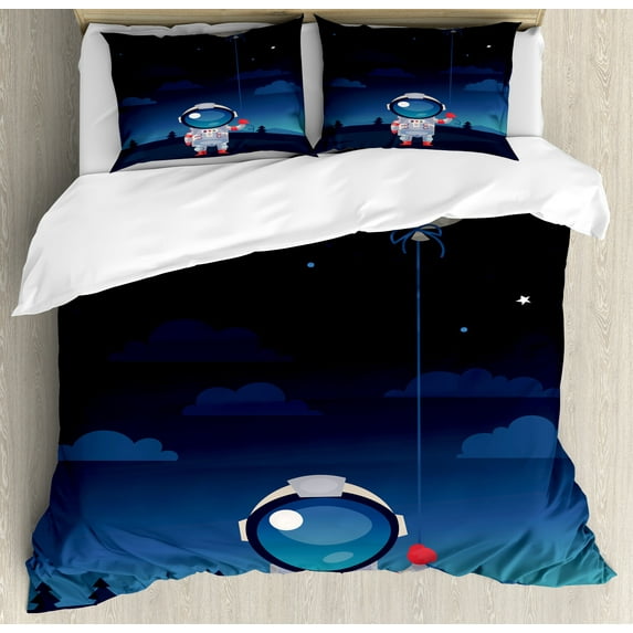 Space Duvet Cover Set, Astronaut in Spacesuit Holding a Moon Shaped Balloon in His Hand Print, Decorative 3 Piece Bedding Set with 2 Pillow Shams, King Size, Indigo and Pale Grey, by Ambesonne