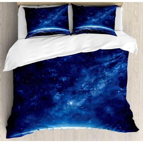 Space Duvet Cover Set, Earth at Night from Deep Atmosphere Vibrant Milky Way Starfield Ecliptic Scene Print, Decorative 3 Piece Bedding Set with 2 Pillow Shams, Queen Size, Dark Blue, by Ambesonne