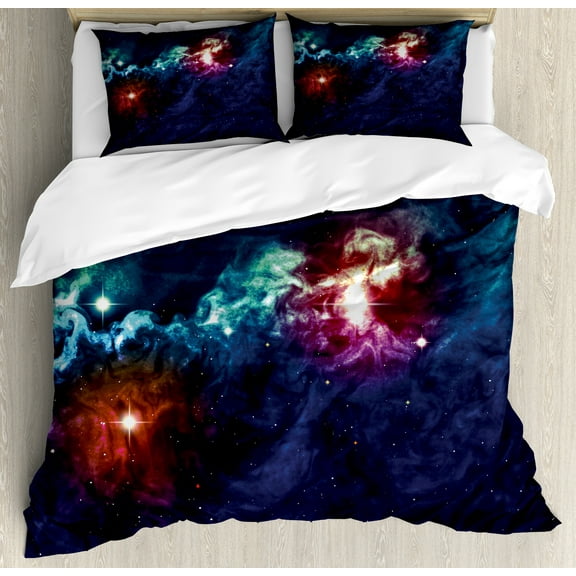 Space Duvet Cover Set, Galactic Image on Milky Way with Colorful Alluring Cosmos Display Art Print, Decorative 3 Piece Bedding Set with 2 Pillow Shams, Queen Size, Magenta Blue, by Ambesonne