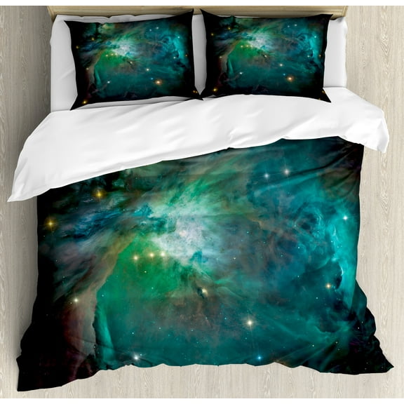 Space Duvet Cover Set, Majestic Orion Nebula Dust Cloud Celestial Energy Plasma Astronomical Object Picture, Decorative 3 Piece Bedding Set with 2 Pillow Shams, King Size, Teal Green, by Ambesonne