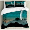thumbnail image 1 of Space Duvet Cover Set, Night Sky on Mountain Range Forest Crescent Moon Star Cosmic Infinity Astral Graphic, Decorative 3 Piece Bedding Set with 2 Pillow Shams, King Size, Teal Black, by Ambesonne, 1 of 3