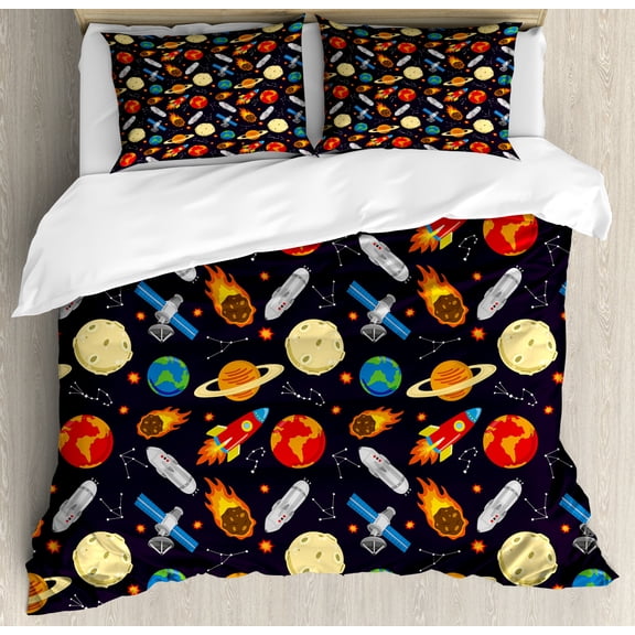 Space Duvet Cover Set Queen Size, Universe Themed Illustration with Earth Moon Constellations Saturn Rockets Stars, Decorative 3 Piece Bedding Set with 2 Pillow Shams, Multicolor, by Ambesonne