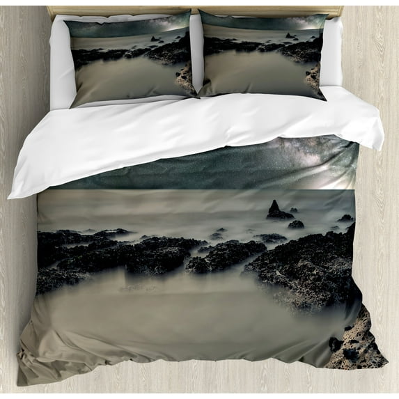 Space Duvet Cover Set, Rocky Surface of Planet in Outer Space with Milky Way Background No Life Blur Foggy Print, Decorative 3 Piece Bedding Set with 2 Pillow Shams, Calking Size, Grey, by Ambesonne
