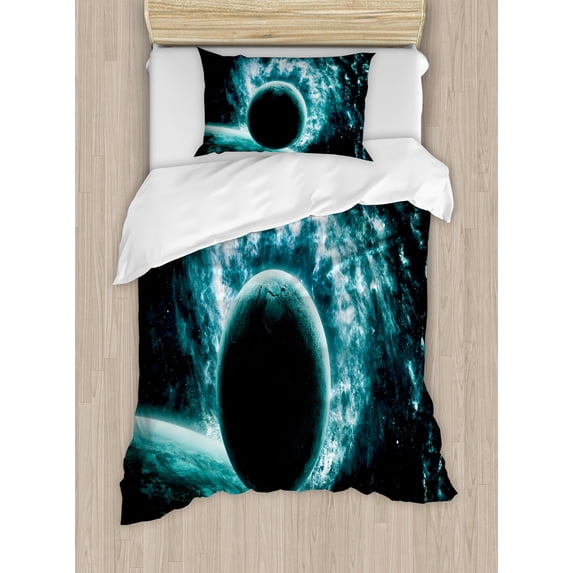 Space Duvet Cover Set, Solar System Landscape with a Planet in Vast Motion Ufo Asteroid Mystic Orbit View Print, Decorative 2 Piece Bedding Set with 1 Pillow Shams, Twin Size, Teal, by Ambesonne