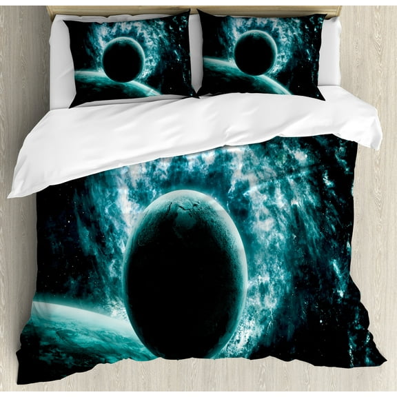 Space Duvet Cover Set, Solar System Landscape with a Planet in Vast Motion Ufo Asteroid Mystic Orbit View Print, Decorative 3 Piece Bedding Set with 2 Pillow Shams, King Size, Teal, by Ambesonne