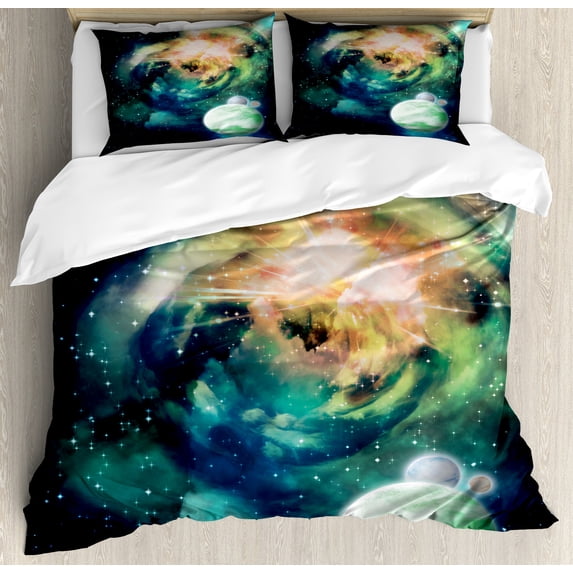 Space Duvet Cover Set, Spiral Anromeda Galaxy with Planets Cosmos Fantasy Background Image, Decorative 3 Piece Bedding Set with 2 Pillow Shams, Queen Size, Teal Blue Yellow, by Ambesonne
