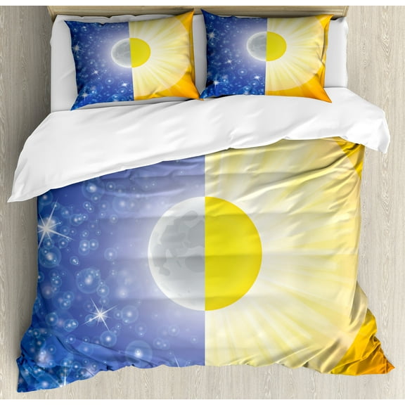 Space Duvet Cover Set, Split Design with Stars in the Sky and Sun Beams Solar Balance Nature Image Print, Decorative 3 Piece Bedding Set with 2 Pillow Shams, King Size, Blue Yellow, by Ambesonne