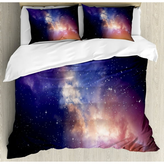 Space Duvet Cover Set, Stars in Sky Supernova Comet Constellation Universe Meteor Planetary Image, Decorative 3 Piece Bedding Set with 2 Pillow Shams, Calking Size, Dark Blue Purple, by Ambesonne