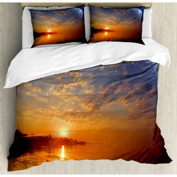 Space Duvet Cover Sets, Exquisite Skyline Planet Reflection and Sunrise on the Backdrop Galaxy Design, Bedding Set 2 Duvet Covers & 4 Pillowcases, 2 Pack Queen Size, Orange Blue, by Ambesonne