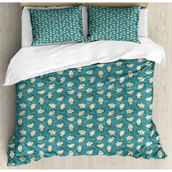 Space Duvet Cover Sets, Stars and Astronaut Bears on a Slate Blue Background, Bedding Set with 2 Duvet Covers & 4 Pillowcases, 2 Pack Queen Size, Teal Multicolor, by Ambesonne