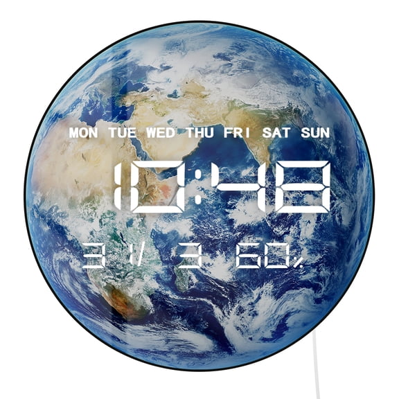 Space Earth Planet Pattern LED Digital Wall Clock Round Electronic Wall Clock Large Readout Digits Shows Time Date Week Humidity Modern Celestial Decor Clock For Living Room Study Dorm