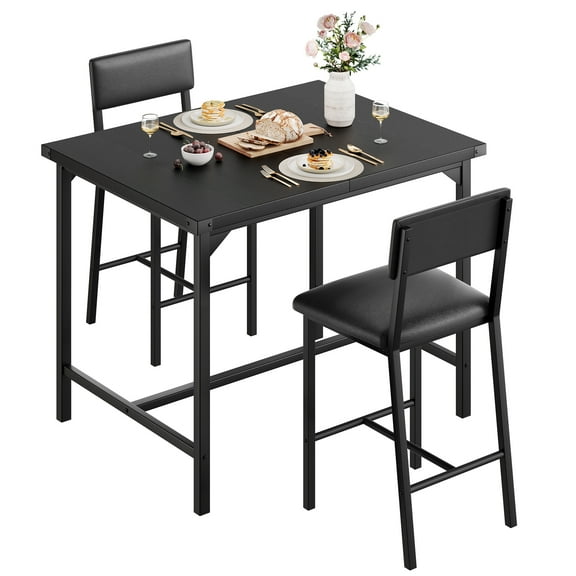 Space Efficient 3-Piece Counter Height 2-Seater Dining Table Set, High Top Bar Table Equipped with 2 Padded Upholstered Chairs, Backrests, Foot Rests & Corner Guards