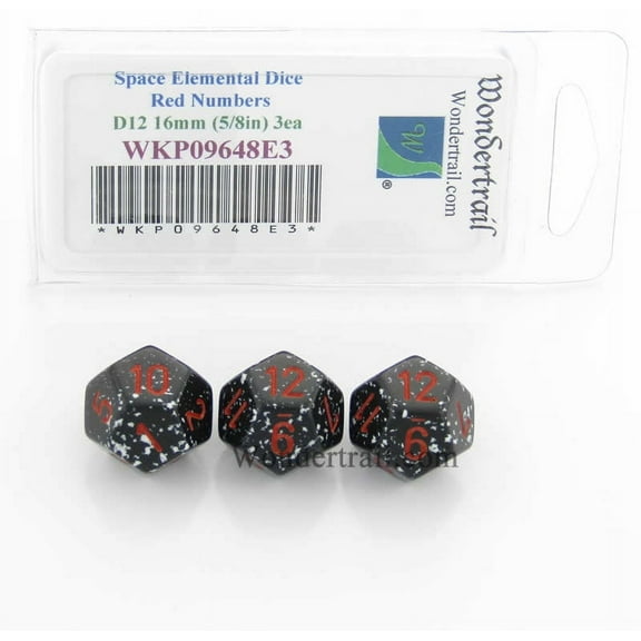 Space Elemental Dice with Red Numbers D12 16mm (5/8in) Pack of 3 Wondertrail