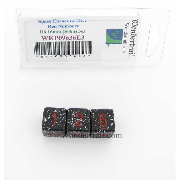 Space Elemental Dice with Red Numbers D6 16mm (5/8in) Pack of 3 Wondertrail