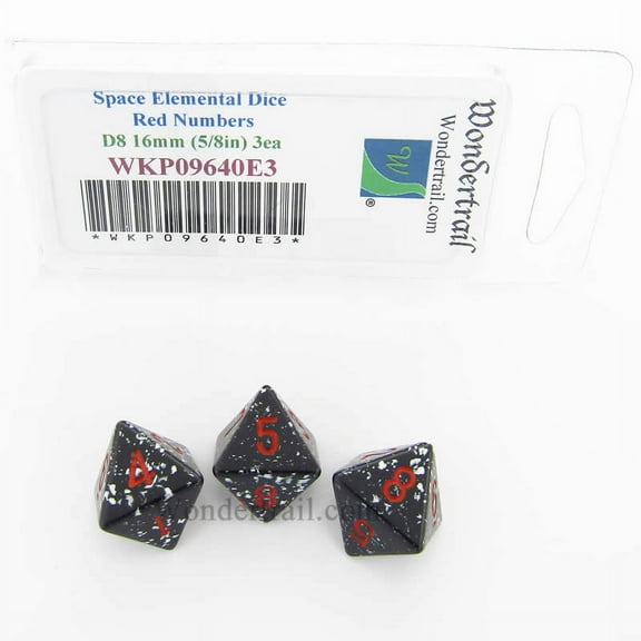 Space Elemental Dice with Red Numbers D8 16mm (5/8in) Pack of 3 Wondertrail