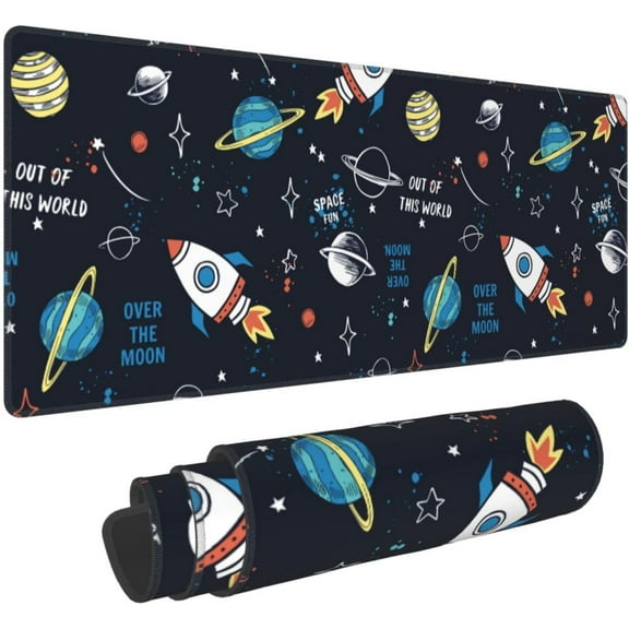 Space Elements Cartoon Large Gaming Mouse Pad Non Slip Rubber Mouse Mat Desk Pad Long Extended Keyboard Pad 31.5x11.8