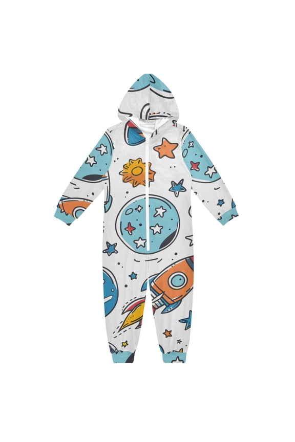 Space Elements Pattern One Piece Pajamas Soft Jumpsuit Cozy Sleep and Play Romper Zipper and Pockets 12-13Y