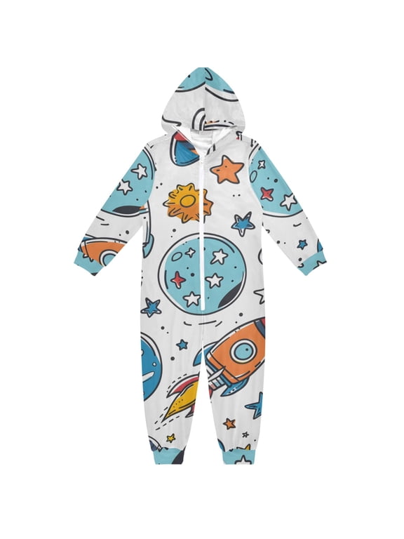 Space Elements Pattern One Piece Pajamas Soft Jumpsuit Cozy Sleep and Play Romper Zipper and Pockets 5-6T
