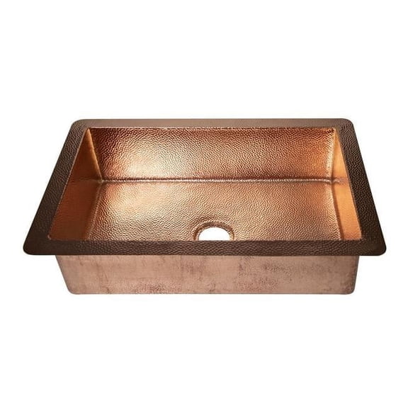 Space Enterprises CS-KIT-DIN-SGL-PLA-SH 33 in. Drop-in Single Well Plain Hammered Copper Kitchen Sink, Shiny