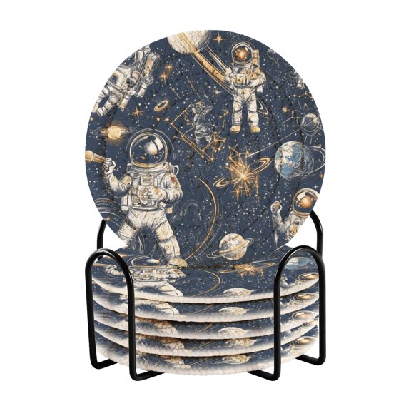 Space Exploration Illustration 4in Bar Coasters Set of 6 with Storage Rack Durable Heat Resistant