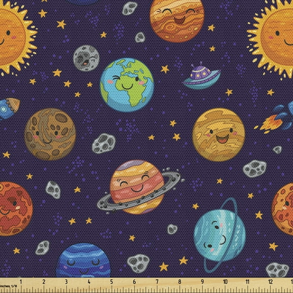 Ambesonne Space Fabric by the Yard Upholstery, Cheerful Planets and Rockets, 1 Yard, Multicolor