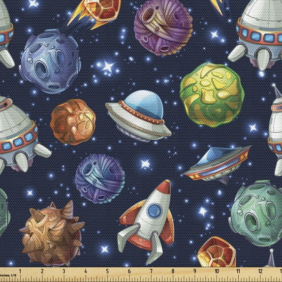 Ambesonne Space Fabric by the Yard Upholstery, Futuristic Science Ufo, 1 Yard, Multicolor