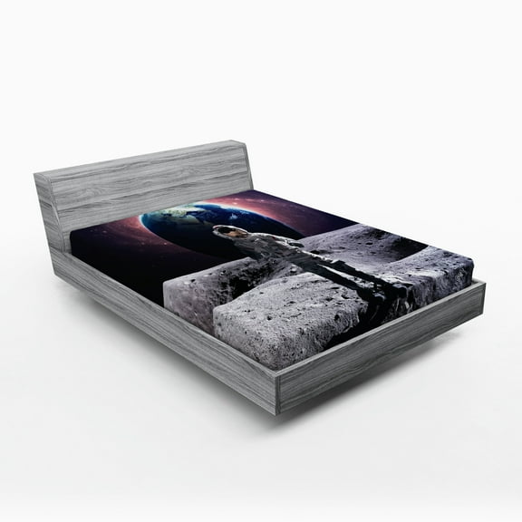 Space Fitted Sheet, Brave Astronaut at the Spacewalk on the Moon Surface with Earth Cosmos Art Image, Soft Decorative Fabric Bedding, Queen Size, Grey Magenta, by Ambesonne