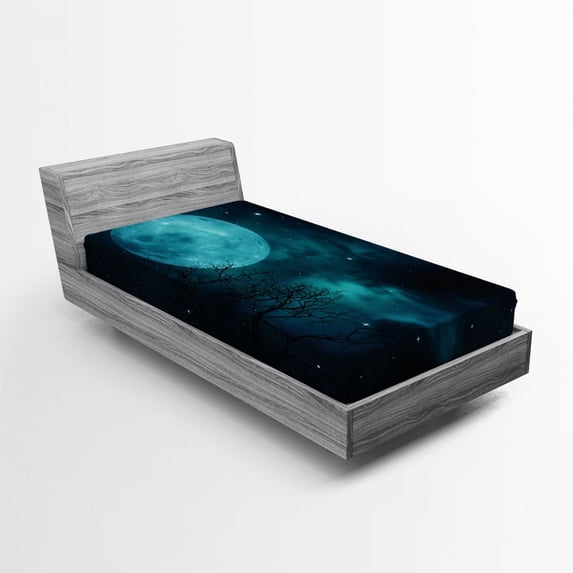 Ambesonne Space Fitted Sheet, Outer World Cosmos Moon, Twin XL Size, Petrol Blue