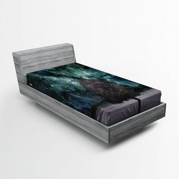 Space Fitted Sheet, Outer Cosmos Nebula Galaxy Stars Mars Jupiter a Tree on a Planet Universe Print, Soft Decorative Fabric Bedding, Twin Size, Multicolor, by Ambesonne