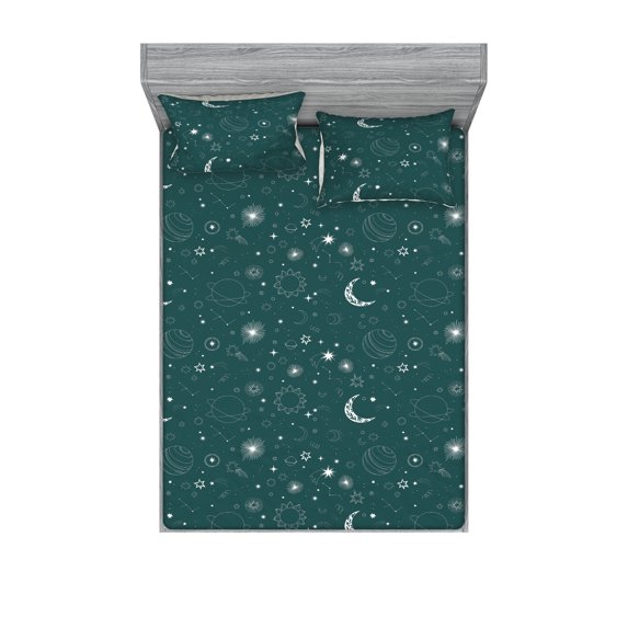 Space Fitted Sheet & Pillow Sham Set, Astrology Inspired Minimal Moon Stars and Planets Pattern Modern Galaxy Themed, Decorative Printed 3 Piece Bedding Decor, Full, Dark Teal White, by Ambesonne