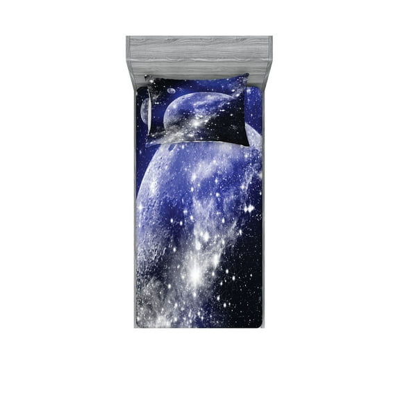 Space Fitted Sheet & Pillow Sham Set, Galaxy Nebula Full Moon Phase Starry Night Sky Orbit Infinity for Home Dorms, Decorative Printed 4 Piece Bedding Decor Set, Twin, Blue Navy White, by Ambesonne