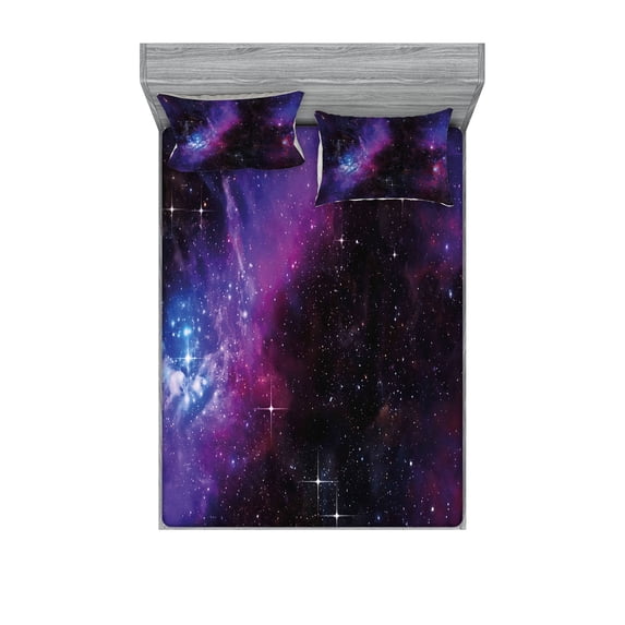 Space Fitted Sheet & Pillow Sham Set, Nebula Dark Galaxy Luminous Stars and Cosmic Rays Astronomy Explore Theme, Decorative Printed 6 Piece Bedding Decor Set, Full, Magenta Blue, by Ambesonne