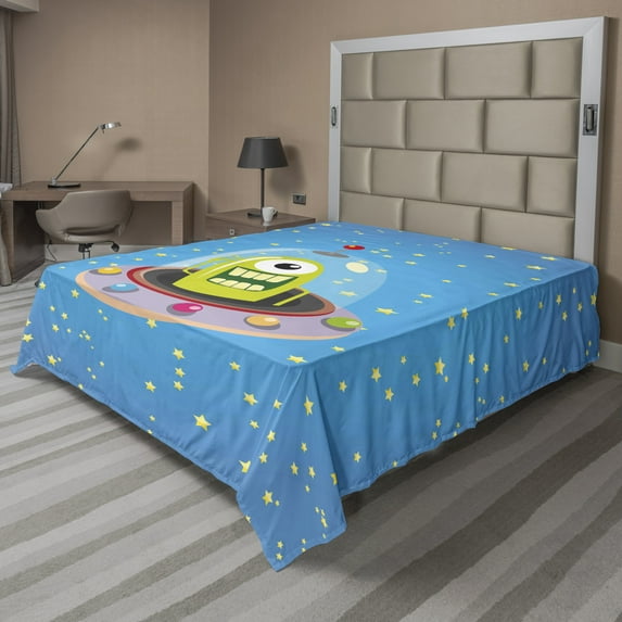 Ambesonne Space Flat Sheet, Comic UFO and Alien, Full Size, Multicolor