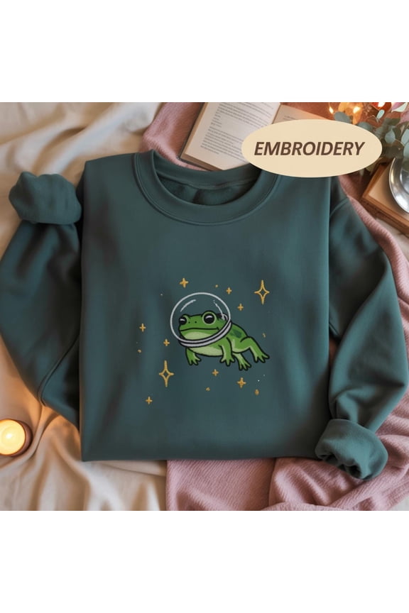 Space Frog Embroidered Shirt, Embroidered Frog Sweatshirt, Funny Hoodie, Renaissance Faire Frog Embroidered Shirt, Huzzah Frog Meme Shirt