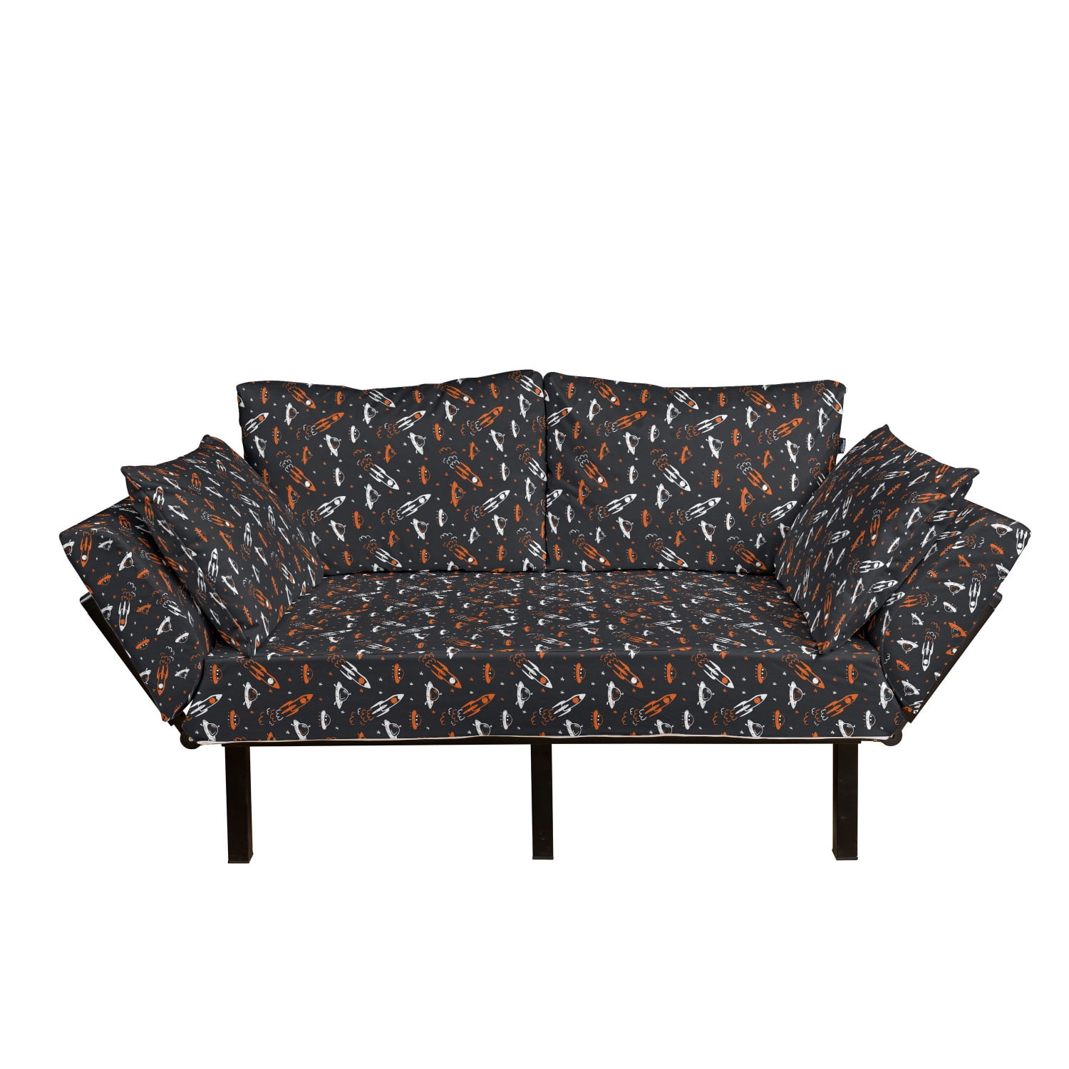 Space Futon Couch Cartoon Doodle Spacecraft Traveling to the Universe Cosmos UFOs Aliens Stars Daybed with Metal Frame Upholstered Sofa for Living