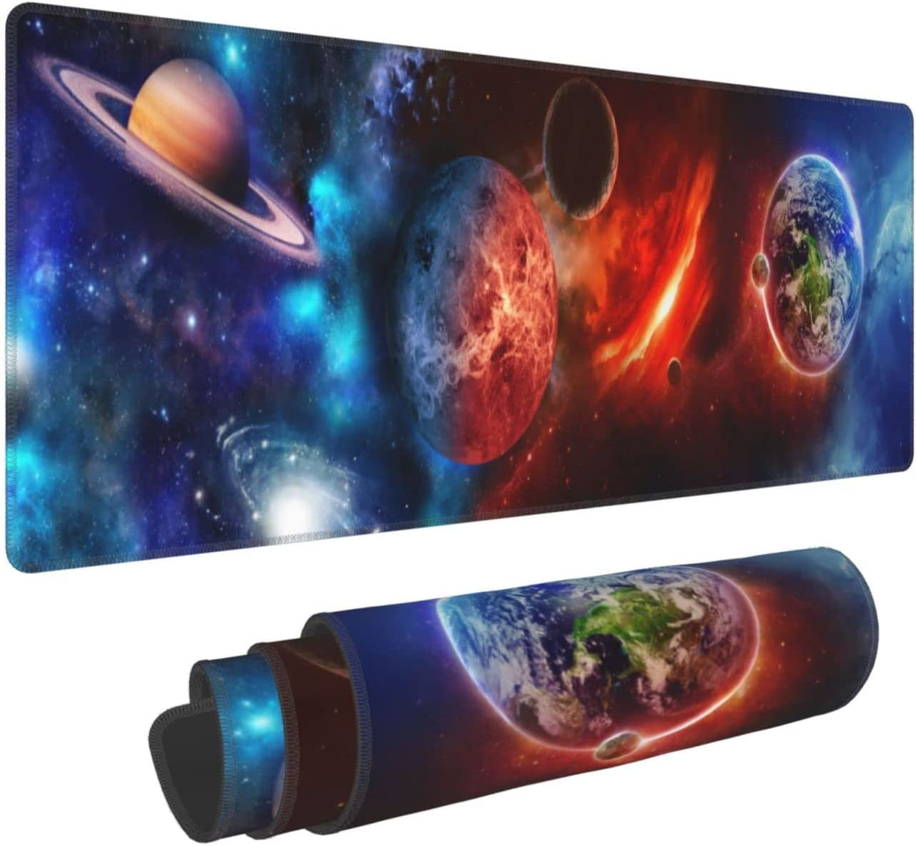Space Galactic Earth Gaming Mouse Pad XL, Extended Stitched Edges Mousepad, Large Mouse Mat Desk Pad, Long Non-Slip Rubber Base Mice Pad（31.5x12 Inch）