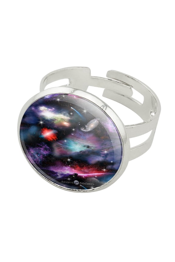 Space Galaxies Nebula Shooting Stars Pattern Silver Plated Adjustable Novelty Ring