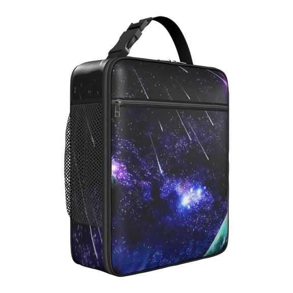 Space and Galaxy Aesthetic Lunch Tote – Nebula Starry Sky Cooler Bag with Moon, Rocket & Alien Print, Reusable Waterproof Thermal Meal Bag for Students, Office, Picnic, Gym
