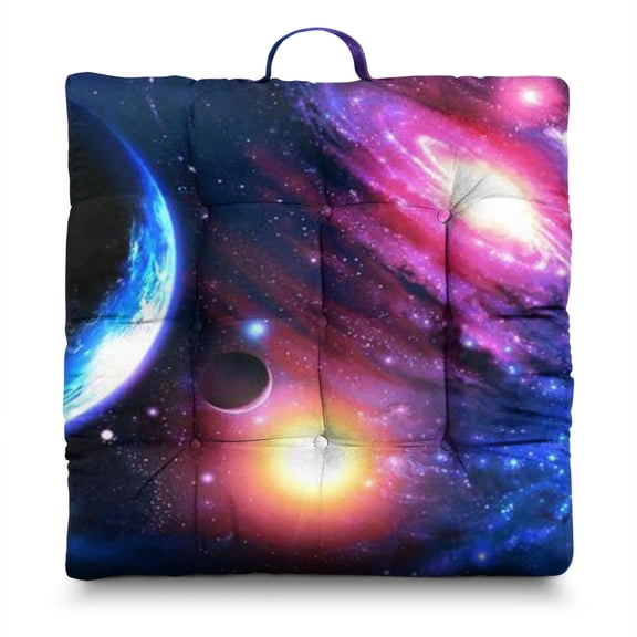 Space Galaxy Meditation Cushion for Adults, Thick Square Floor Pillow with Astronaut & Planet Design, Supportive PP Cotton Filling, 9-Point Stitching for Durability
