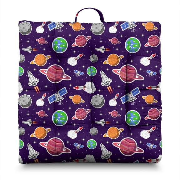 Space Galaxy Meditation Cushion for Adults, Thick Square Floor Pillow with Astronaut & Planet Design, Supportive PP Cotton Filling, 9-Point Stitching for Durability