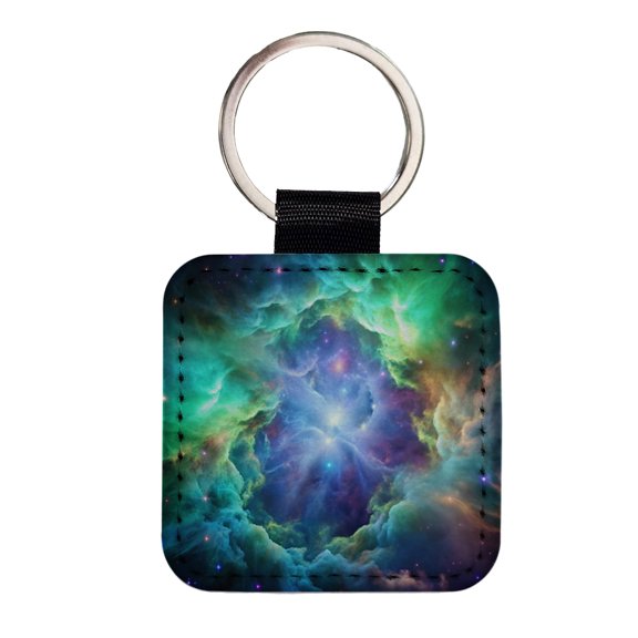 Space Galaxy Nebula Blue Purple Green Faux Leather Square Keychain
