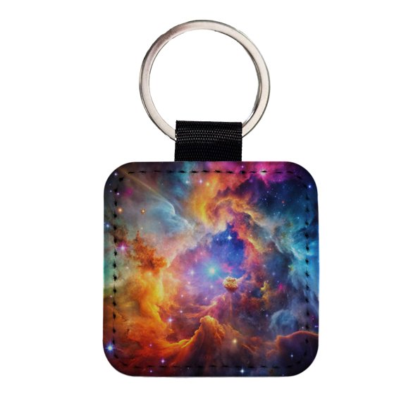 Space Galaxy Nebula Colorful Rainbow Faux Leather Square Keychain