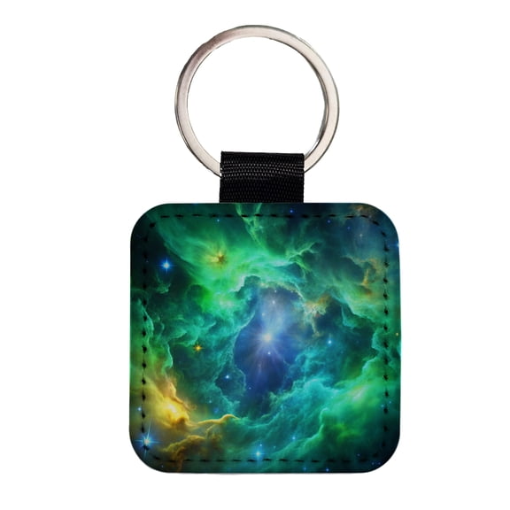 Space Galaxy Nebula Green Blue Faux Leather Square Keychain