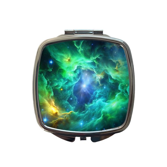 Space Galaxy Nebula Green Blue Travel Makeup Handbag Purse Small Pocket Compact Mirror
