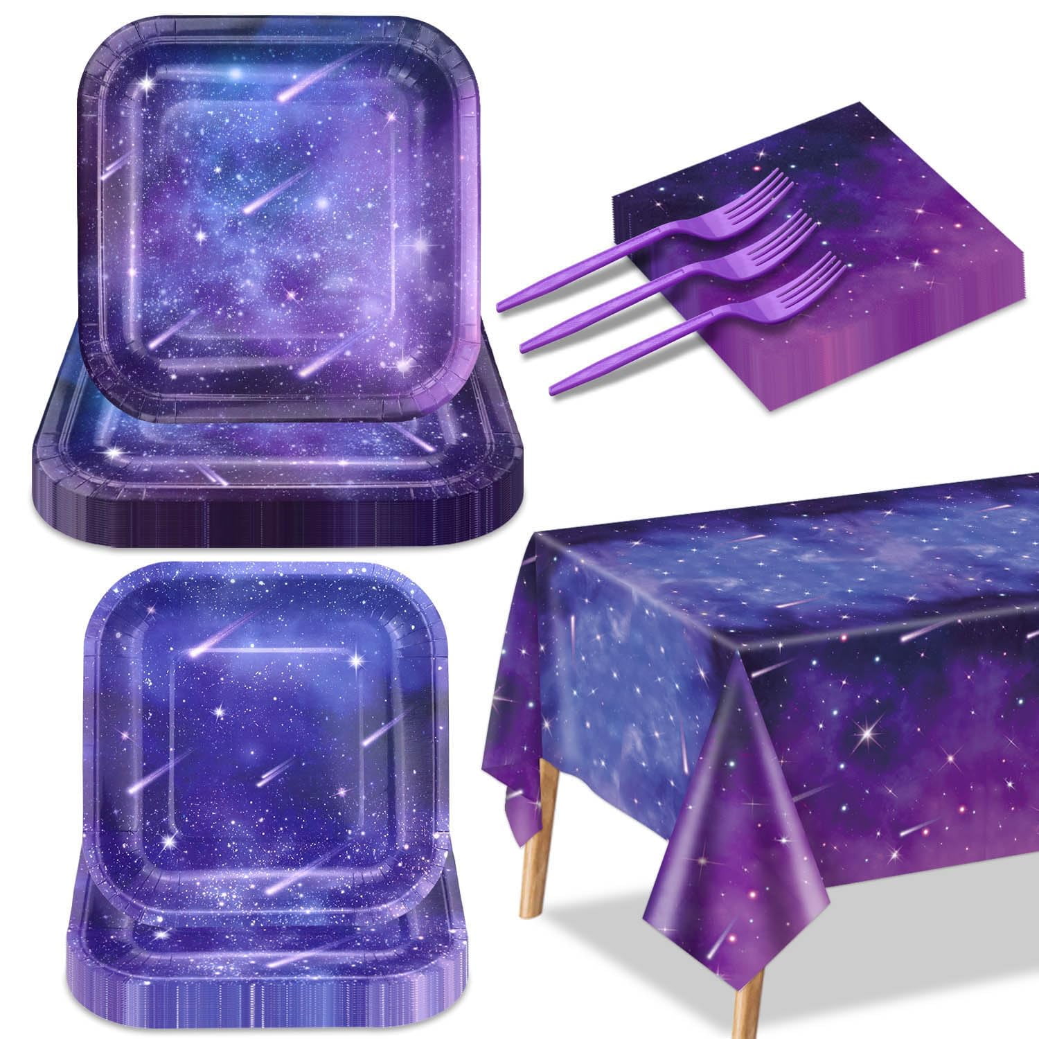 50Pcs Starry Galaxy Party Plates - 9" Space & 7" Star Dessert Plates For Outer Space Theme Birthday