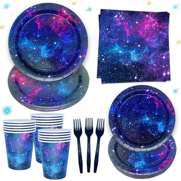 Space Galaxy Party Supplies Tableware Set Outer Space Theme Birthday Party Decoration Starry Night Solar System Planet Plates Napkins Forks Cups for 24 Guests