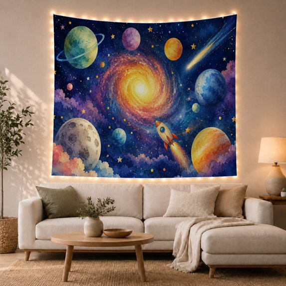 Space Galaxy With Planets, Whimsical Watercolor for Space Lovers, Cosmic Wall Art, Birthday Gift, Tapestry Wall Hanging for Bedroom, Living Room and Dorm